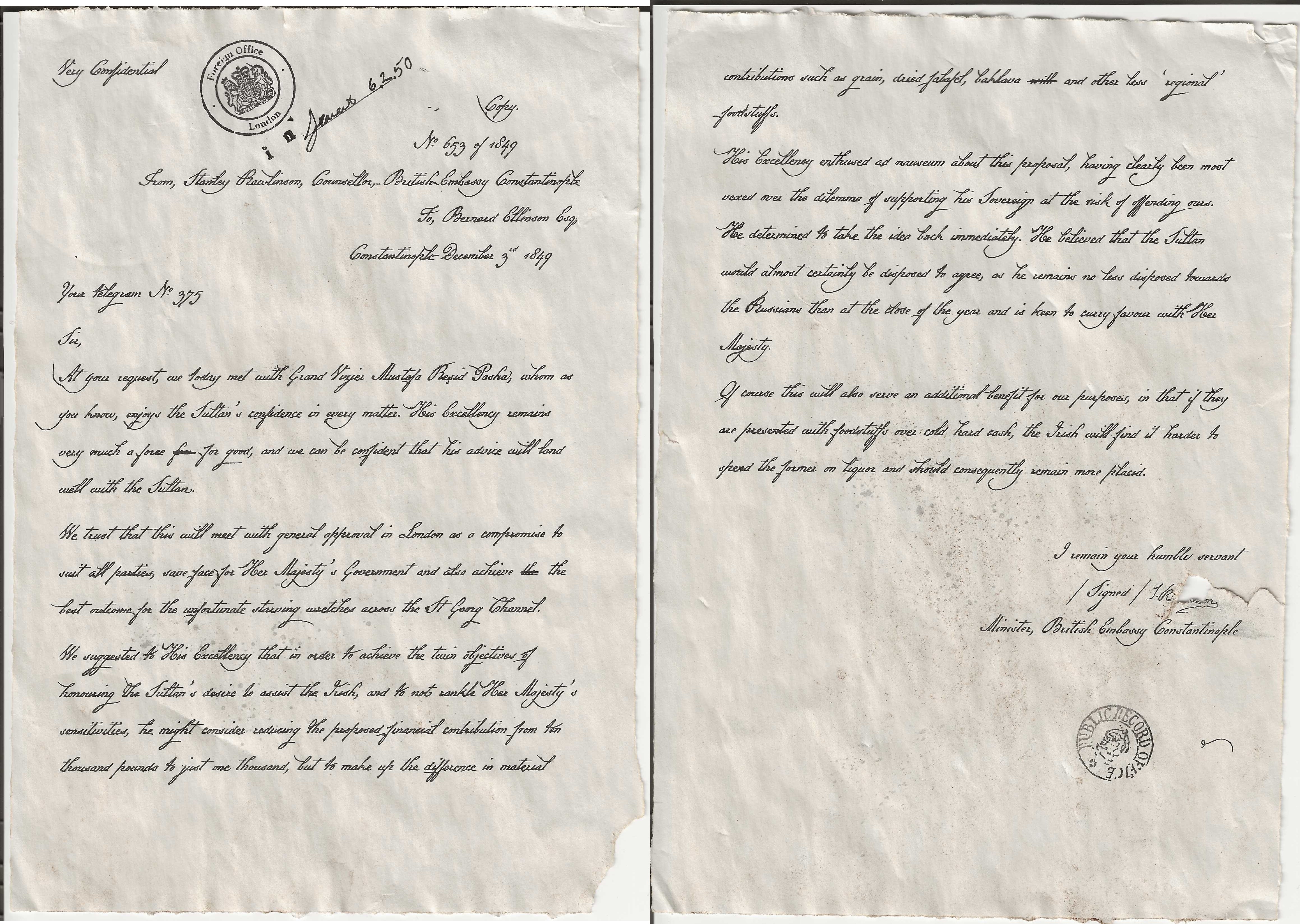 Telegram from Constantinople, 1849